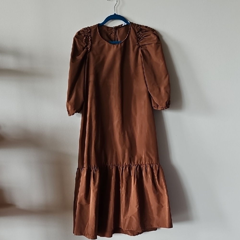 Zara Brown Ruffled Tiered Sundress with Puff Sleeves